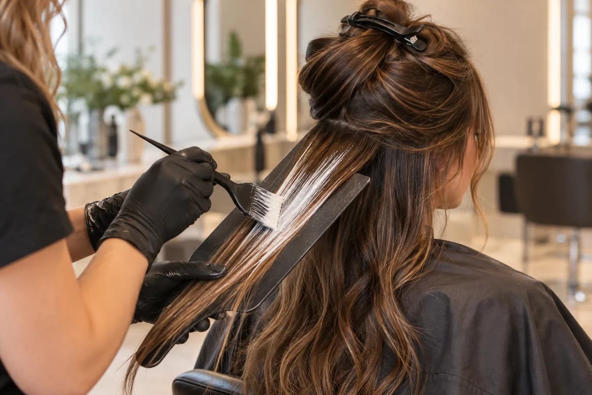 A stylist hand-painting colour onto a hair section with a balayage paddle
