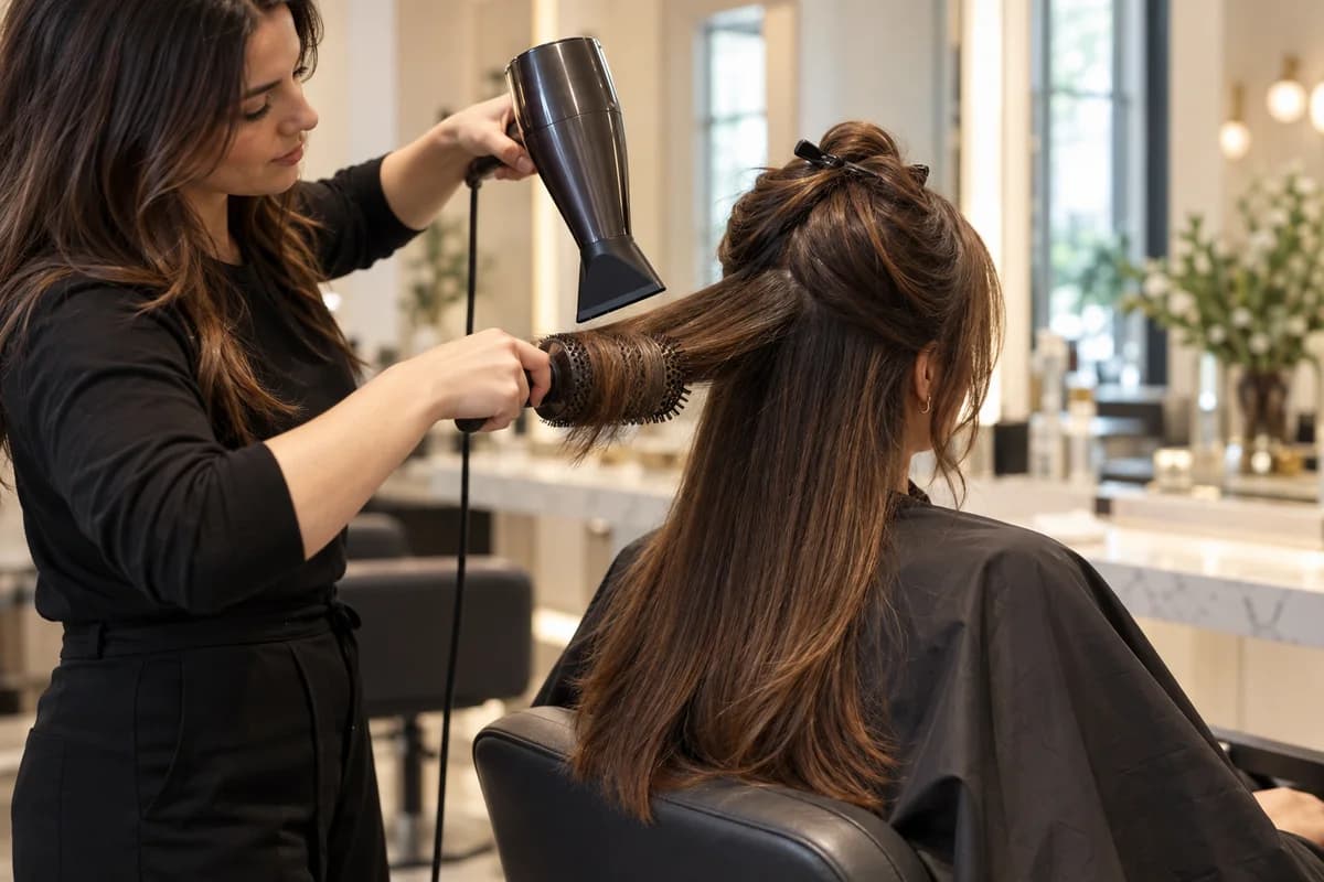 A stylist using a round brush and hairdryer to blow-dry long hair