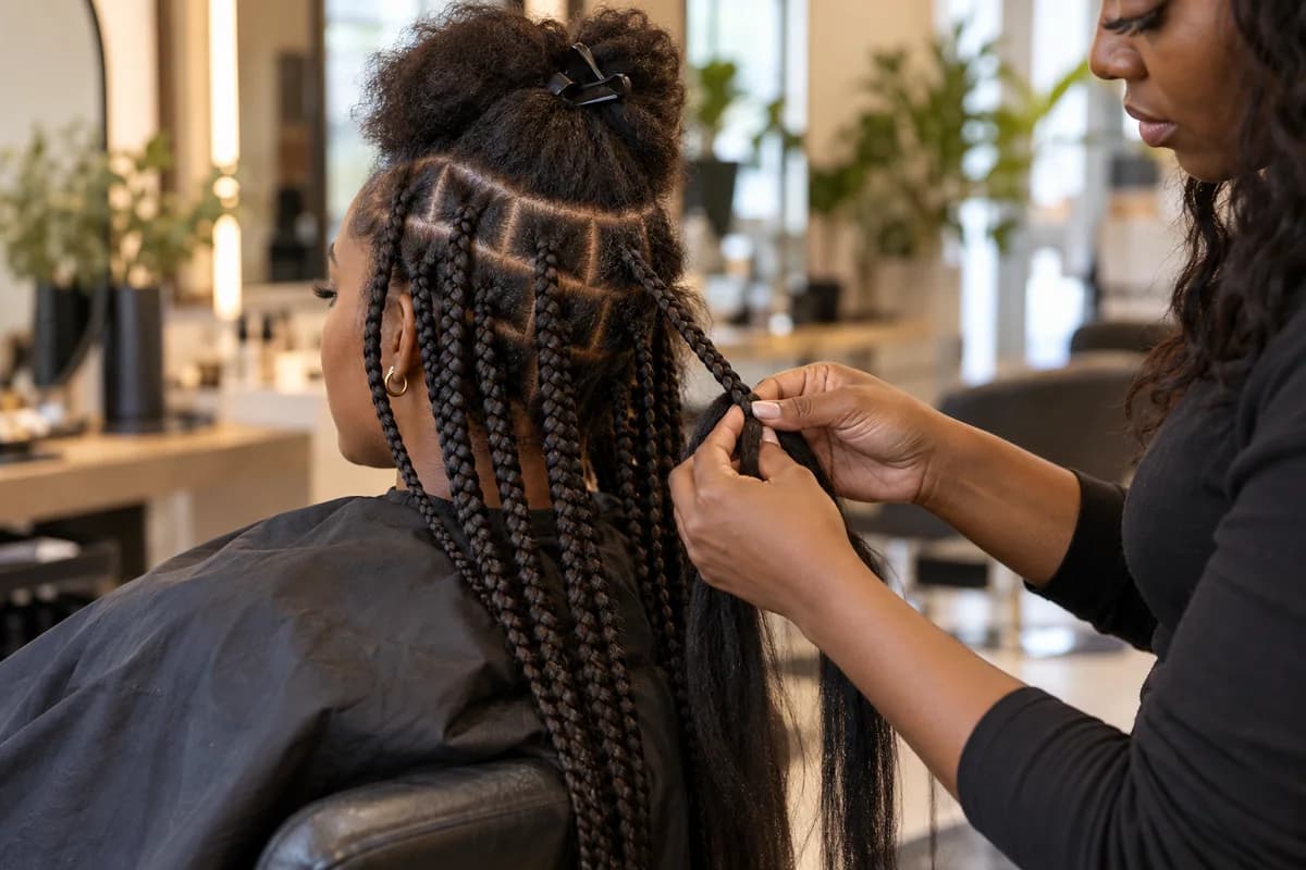 A stylist creating individual box braids with extensions and square sectioning