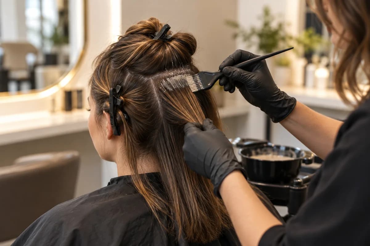 Hair colour being applied by a stylist using a tint brush