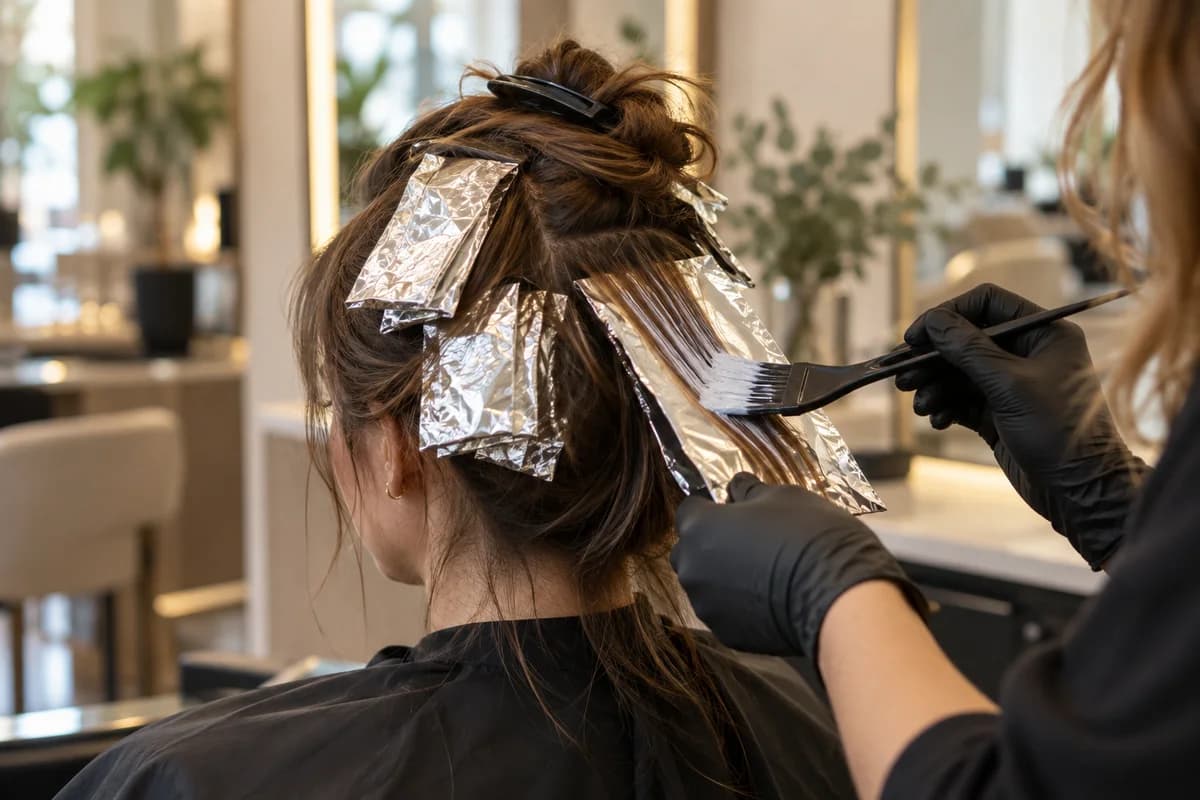 A stylist working on a foil highlight in neatly sectioned hair