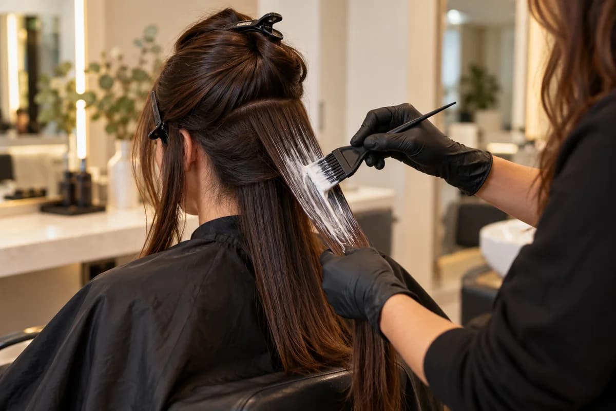 A stylist brushing creamy keratin treatment onto a section of long brown hair