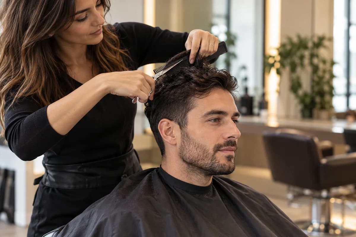 A stylist trimming a man's short hair with scissors and a comb