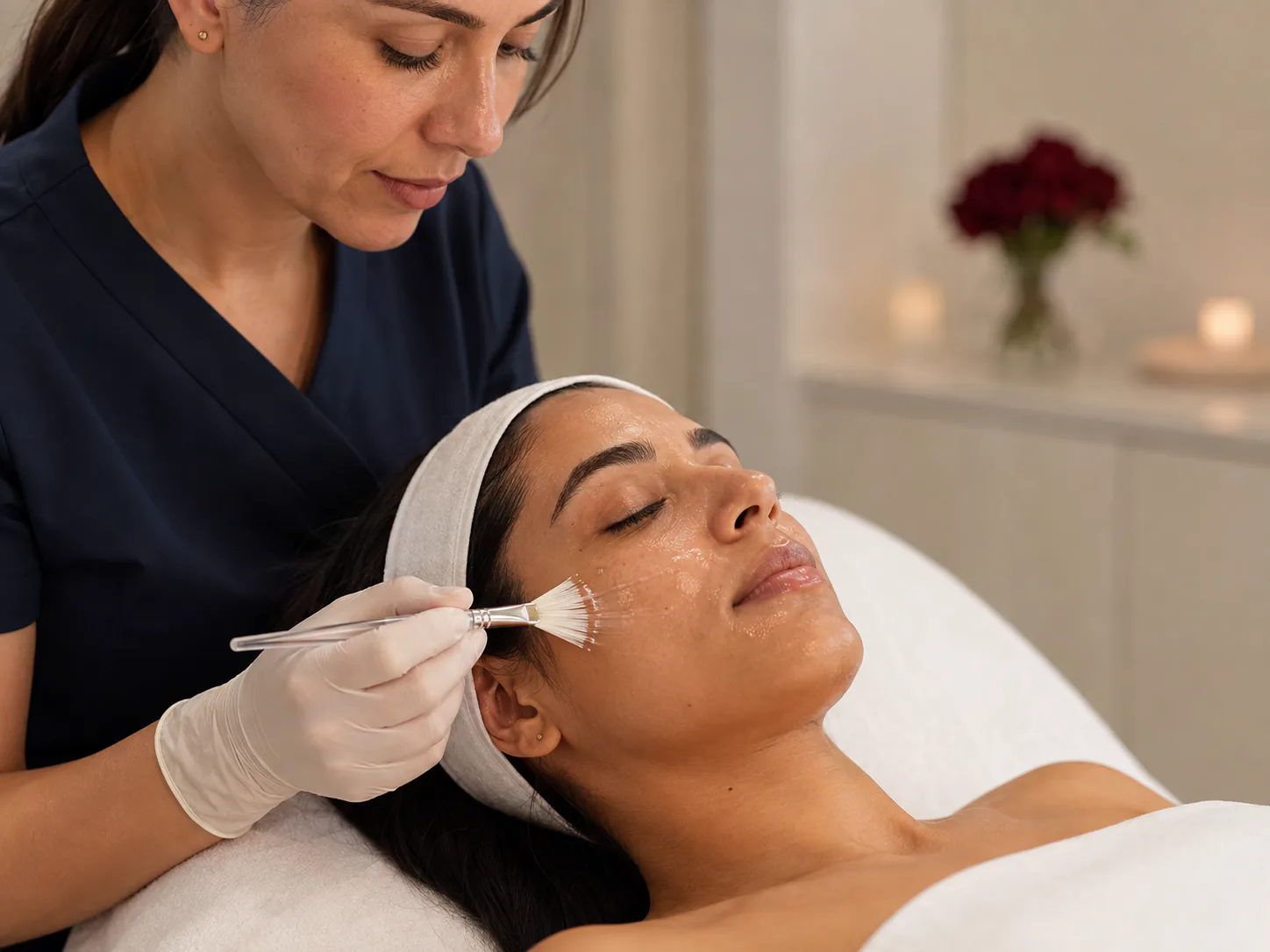 A clinician applying a professional facial peel with a fan brush in a calm treatment room