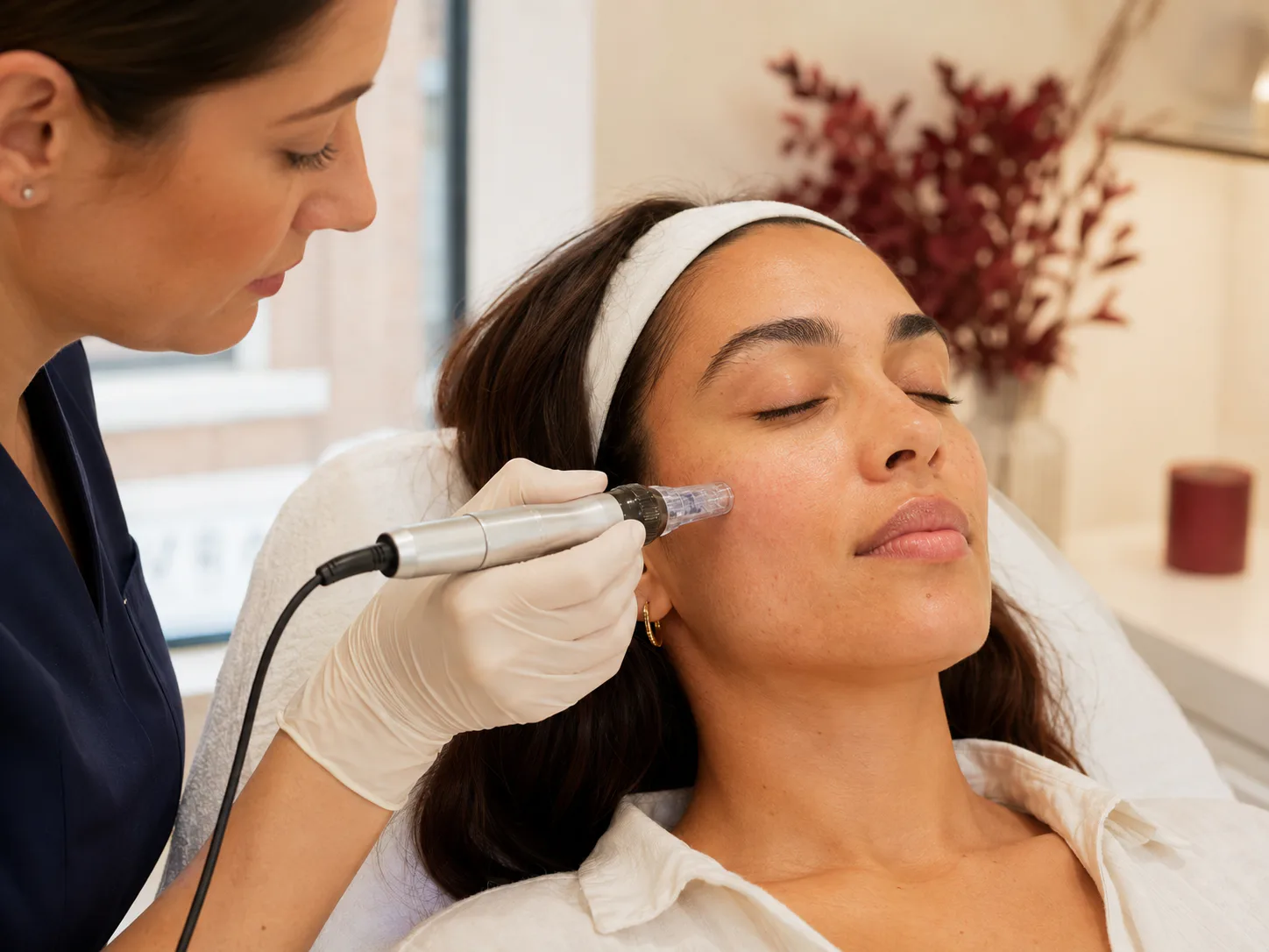 A clinician carrying out a professional microneedling treatment on an adult patient’s cheek