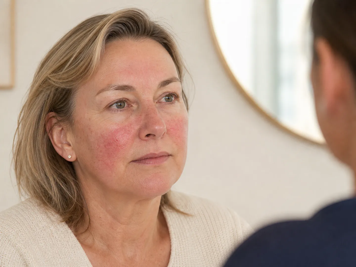An adult with natural facial texture and persistent mild cheek redness