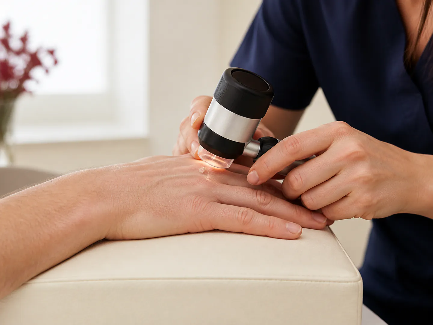 A clinician using a dermatoscope to examine a small wart on an adult hand