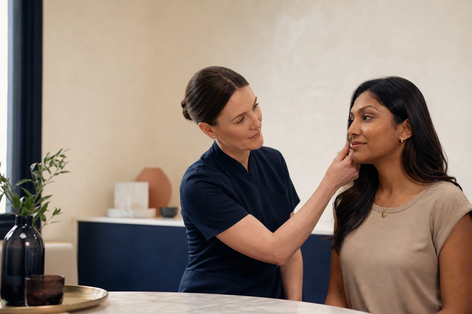 A pharmacist clinician carrying out a calm facial-skin consultation