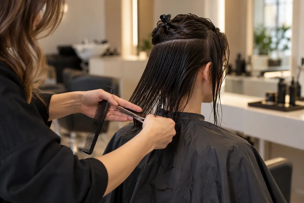 Generated illustration of a stylist carefully cutting washed hair