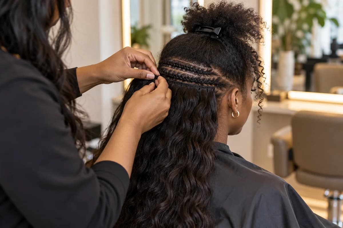 A stylist positioning a weave extension against a braided base with a natural leave-out section